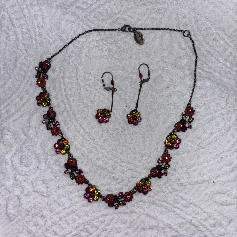 Michal Negrin Red and Pink Floral Necklace Set and earrings - Picture 1 of 6
